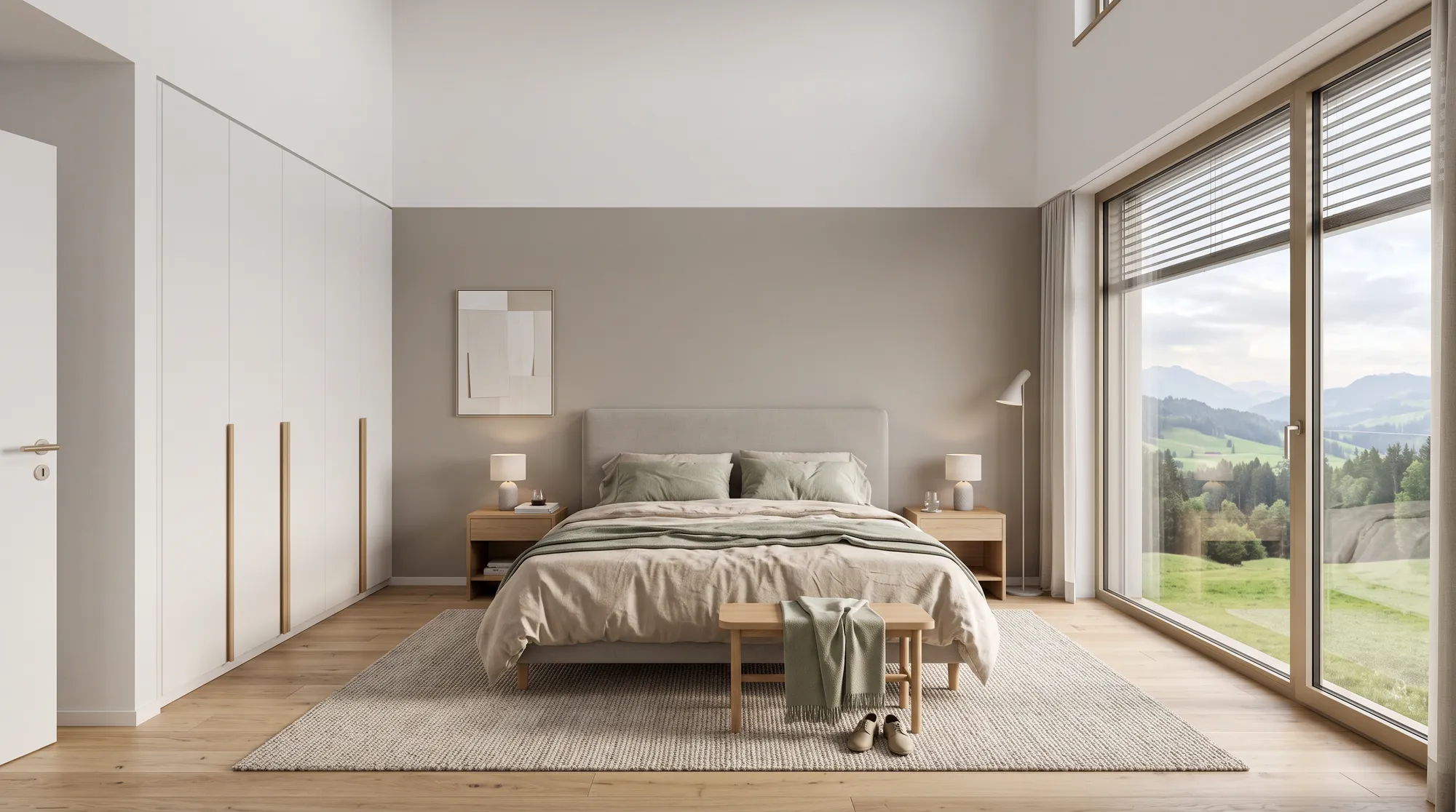 Schlafzimmer mit Einbauschrank und Blick ins Grüne
